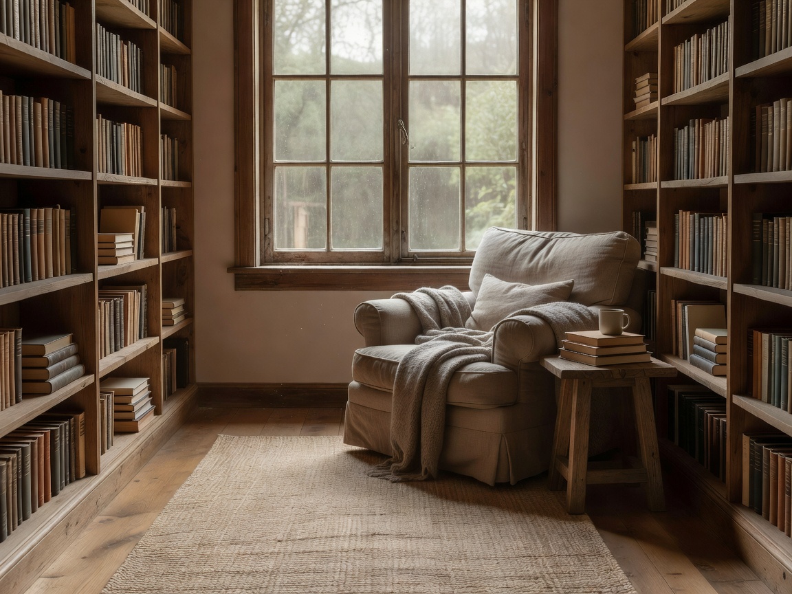 A window-side reading nook arranged beside shelves with a clear approach