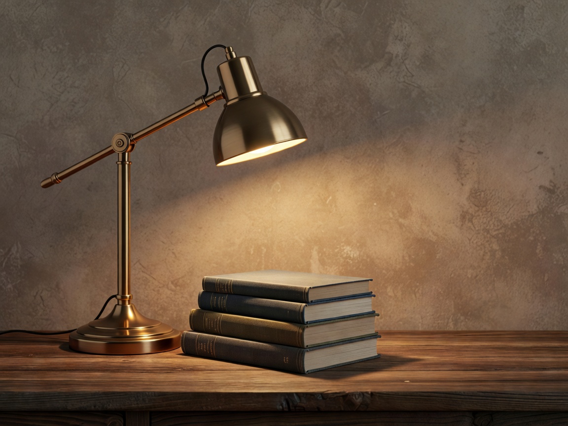 Brass reading lamp beside books, timber and a mineral-finish wall