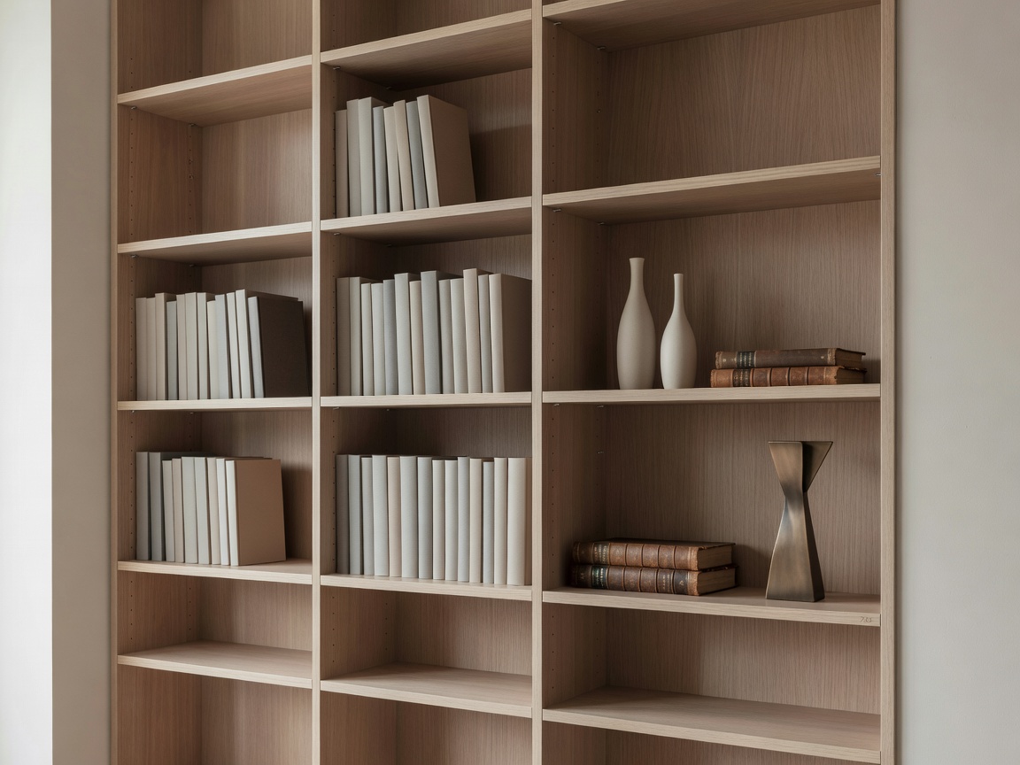 Built-in bookcase with adjustable shelves and a restrained display section