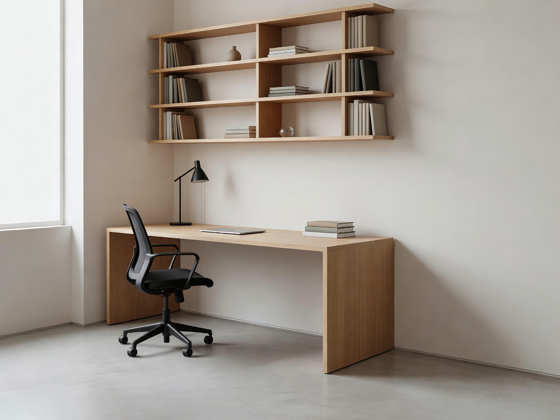 Compact home study with a measured desk zone, shelving and clear floor area