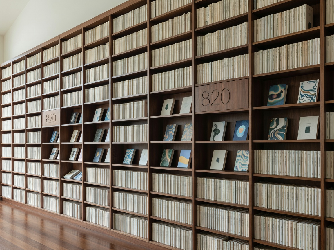 Floor-to-ceiling library shelving with mixed book storage and display space