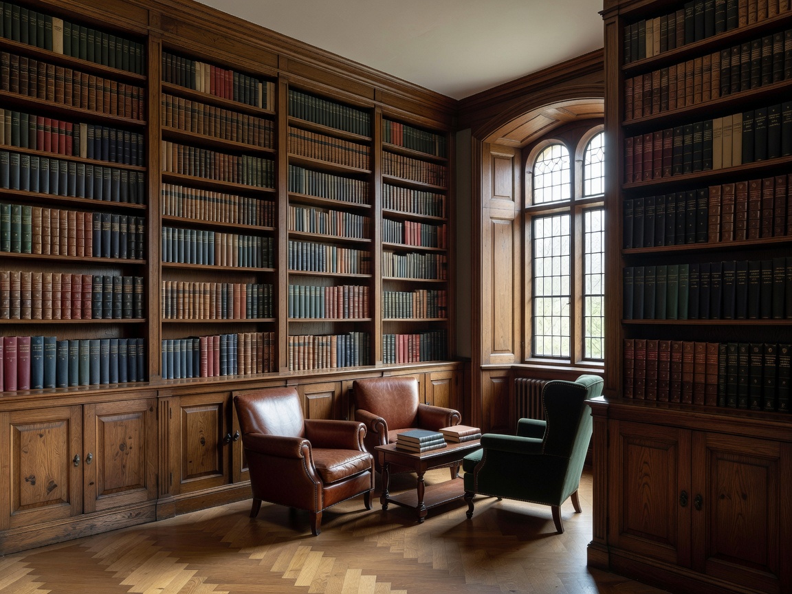 Tall timber bookcases frame a quiet European-style reading room