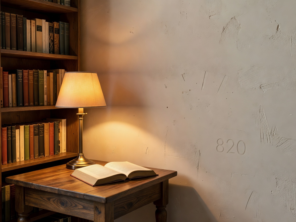Warm reading lamp illuminates a book beside timber shelving and textured plaster