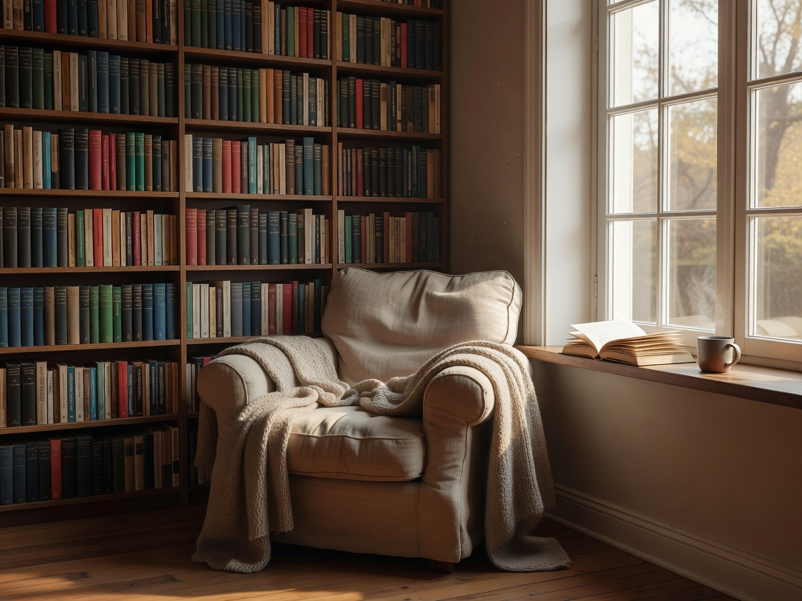 Window-side reading seat arranged beside a compact book wall